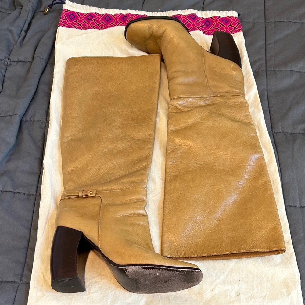 Tory Burch Tan Leather Banana Heel Buckle Knee High Boots Size 8.5